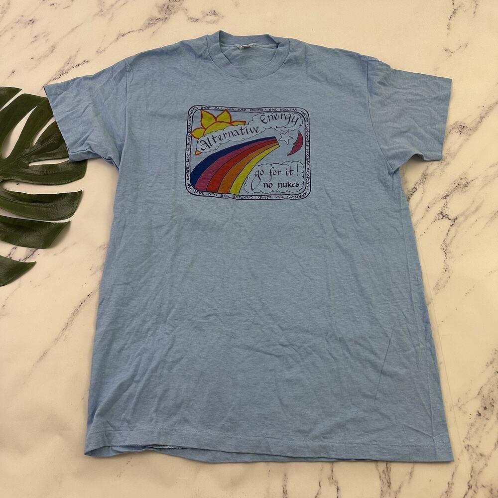 Hanes 70s Mens Vintage No Nukes Tee T-Shirt Size XL Blue Rainbow Energy